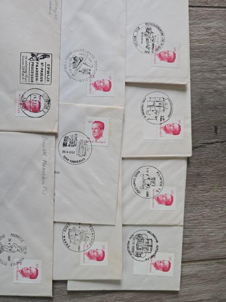 9 Belgische Enveloppen Thema Stempels: Oldtimers Folklore ed, Ophalen of Verzenden, Envelop