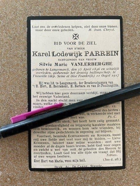 14-18 Oorlogsvluchteling PARREIN Langemark en + Theuville 17, Ophalen of Verzenden, Bidprentje