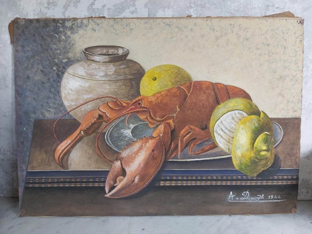 Oud waterverfschilderij stilleven kreeft 1944 (papier/karton, Enlèvement ou Envoi