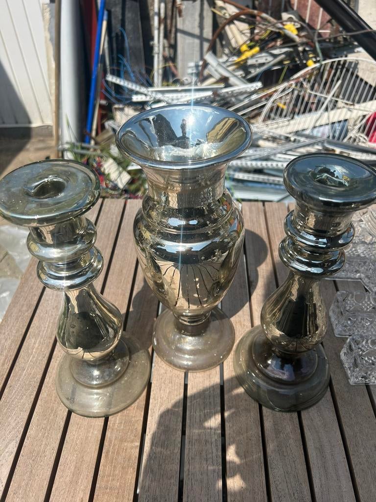 Set kwikzilver 2ste kandelaars en vaas, Antiek en Kunst, Ophalen, Zilver