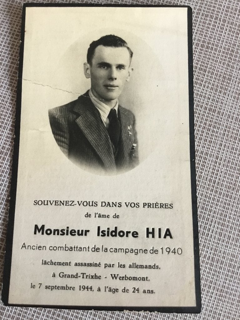 I.Hia, victime de guerre, abattue Werbomont en 1944 WOII, Envoi, Image pieuse