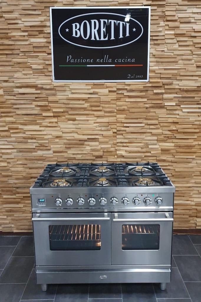 Luxe Boretti Fornuis 100cm RVS GASOVEN 6 pitten, Ophalen, 60 cm of meer, Zo goed als nieuw, Energieklasse A of zuiniger