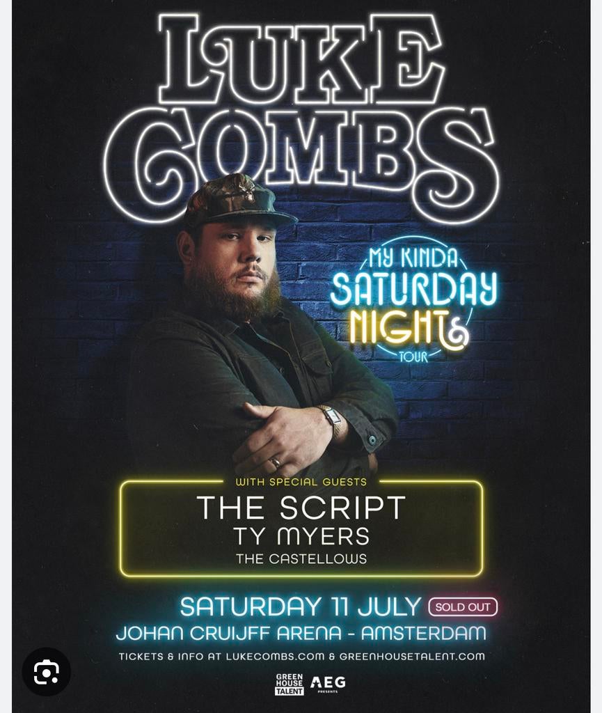 Luke combs concert amsterdam 2tickets+parking, Twee personen, Juli