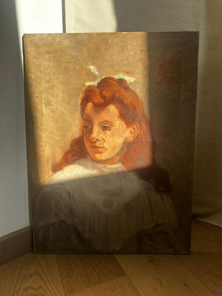 Ancien portrait de jeune fille – huile sur toile fin XIXᵉ, Enlèvement, Comme neuf