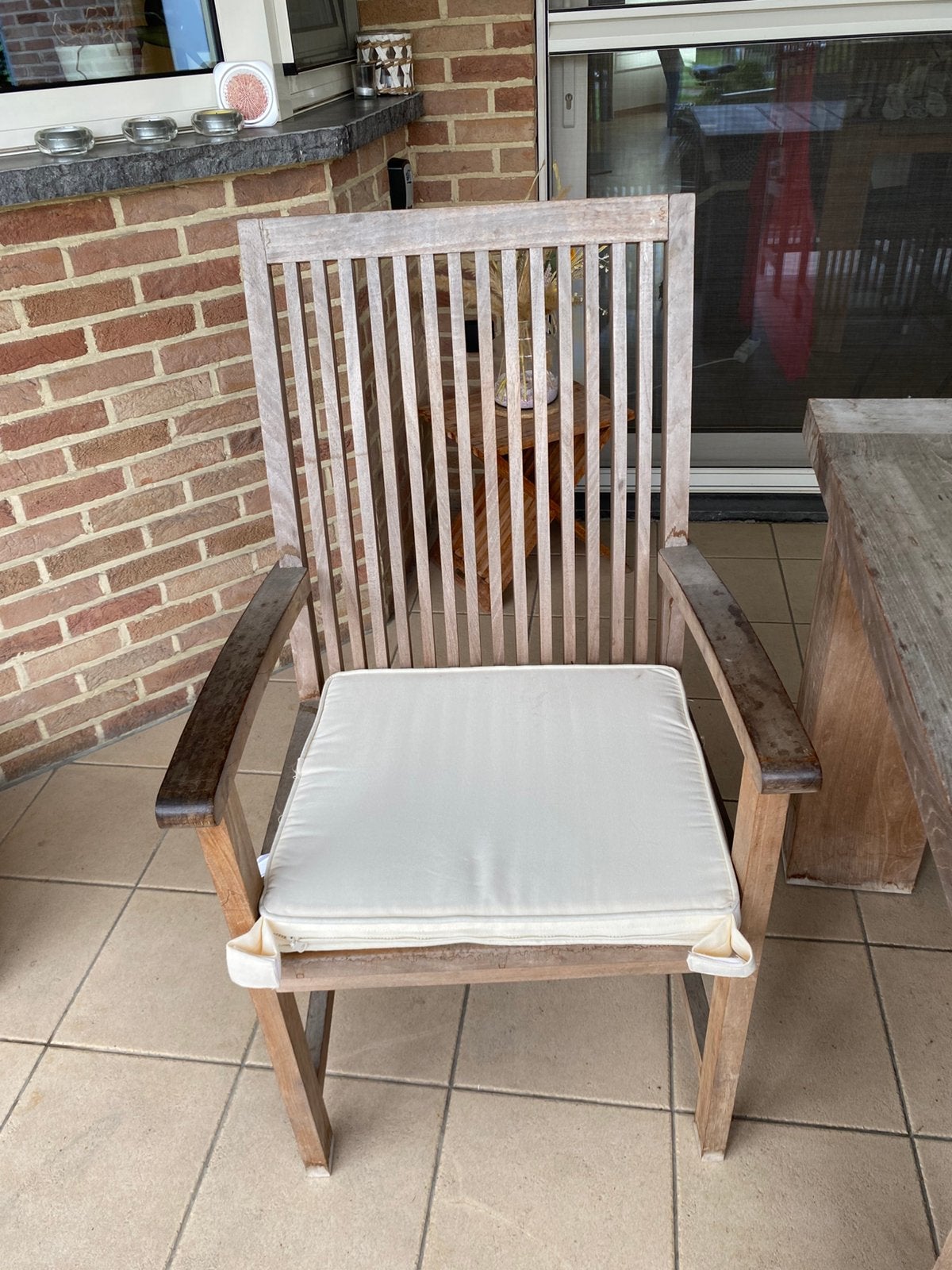 Te koop: teaken tuintafel met stoelen, Tuin en Terras, Ophalen, Gebruikt, 6 zitplaatsen, Teakhout
