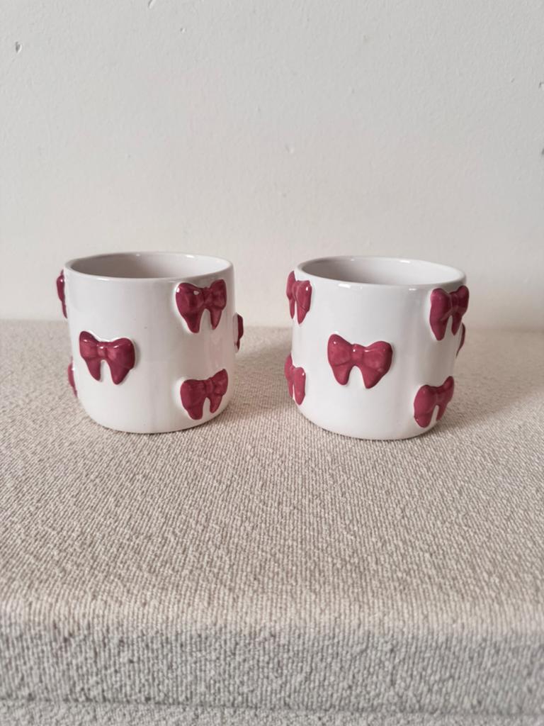 Set van 2 keramieken potjes met roze strikjes, Jardin & Terrasse, Enlèvement, Comme neuf
