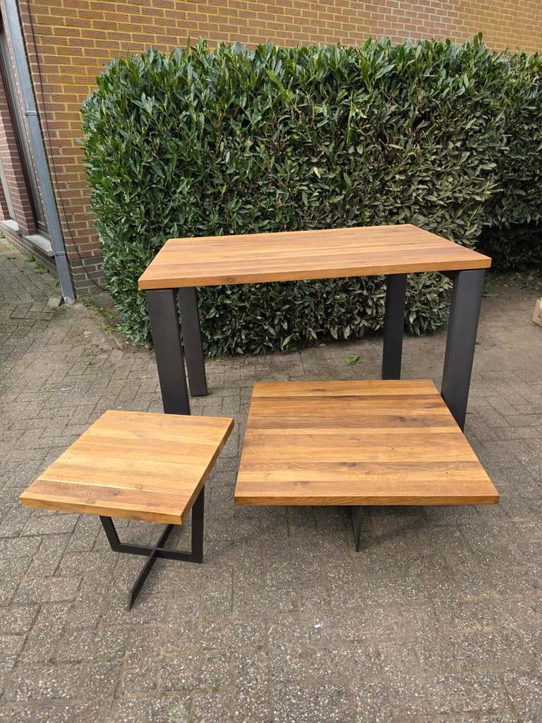 Mooie set uit eiken/metaal.bartafel/salontafel/bijzettafel, Huis en Inrichting, Tafels | Eettafels, Ophalen, Metaal