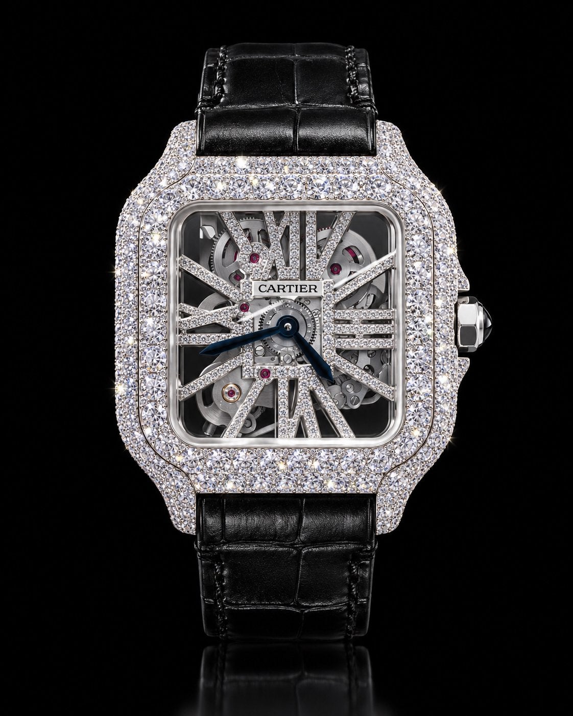 Cartier Santos Skeleton sertie – Bracelet crocodile en noir, Enlèvement ou Envoi, Comme neuf, Bleu