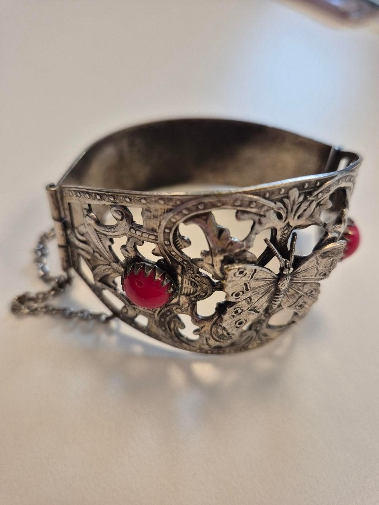 Vintage zilverkleurige manchet-slavenarmband vlindermotief, Bijoux, Sacs & Beauté, Bracelets, Enlèvement ou Envoi, Utilisé, Argent