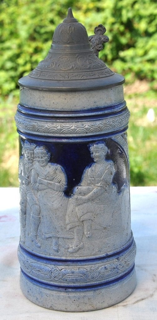 chope en gres gris bleu couvercle etain, Antiek en Kunst, Antiek | Keramiek en Aardewerk, Ophalen of Verzenden