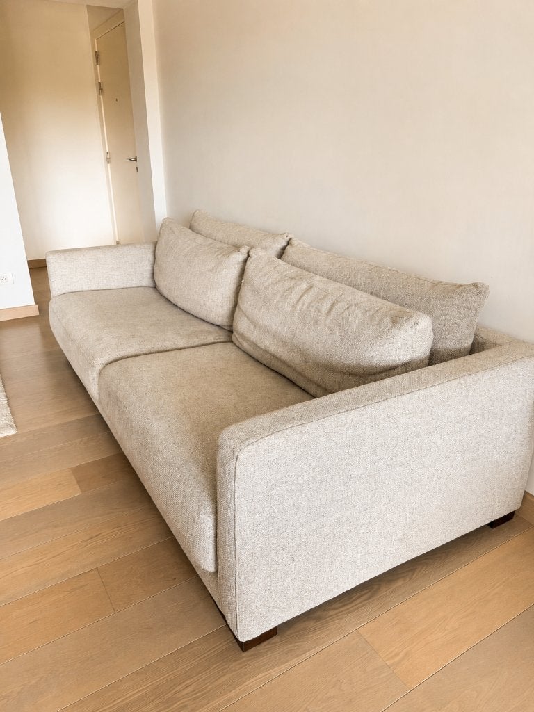 Ruime comfortabele 3 zitsbank in licht beige, 230 cm, Huis en Inrichting, Zetels | Complete zithoeken, Ophalen, Gebruikt, Stof