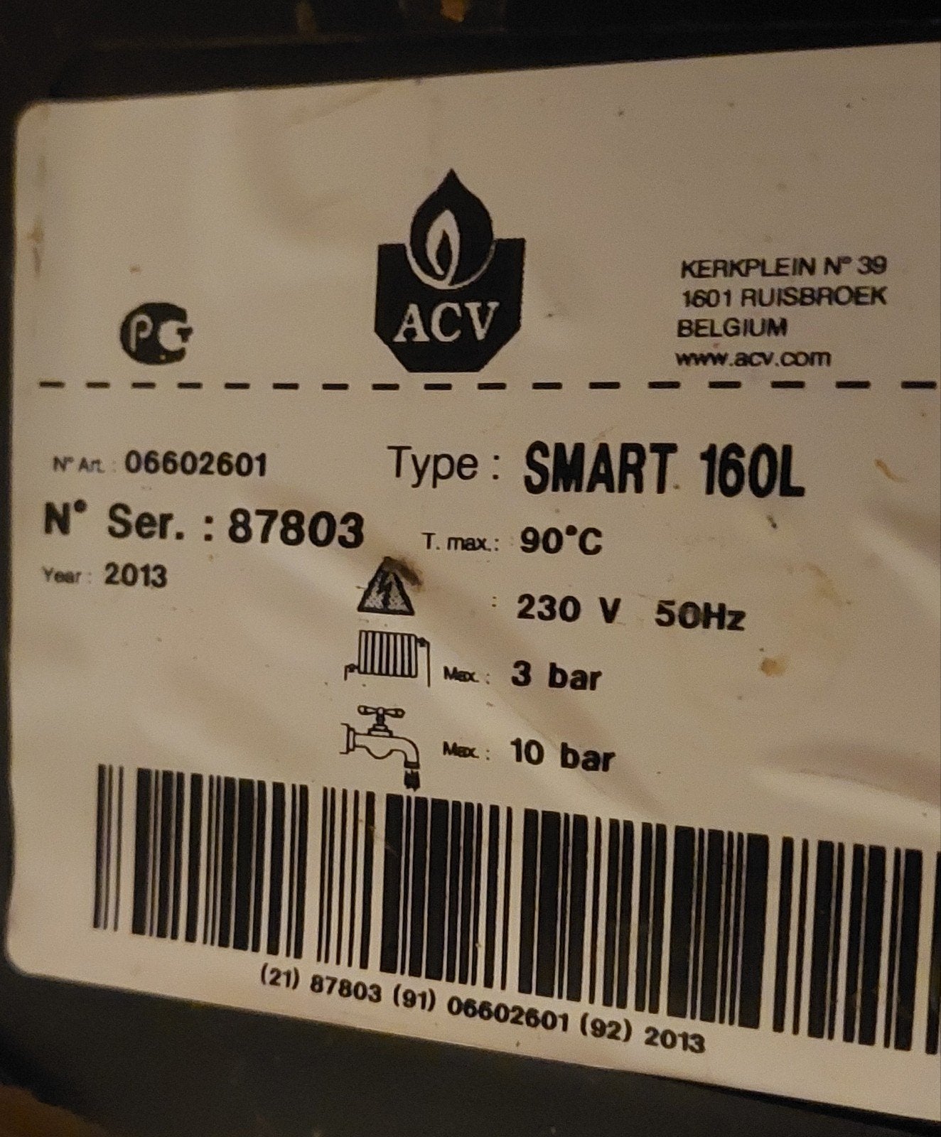 ACV Smart 160L inox boiler - uitstekende staat, Ophalen, Boiler