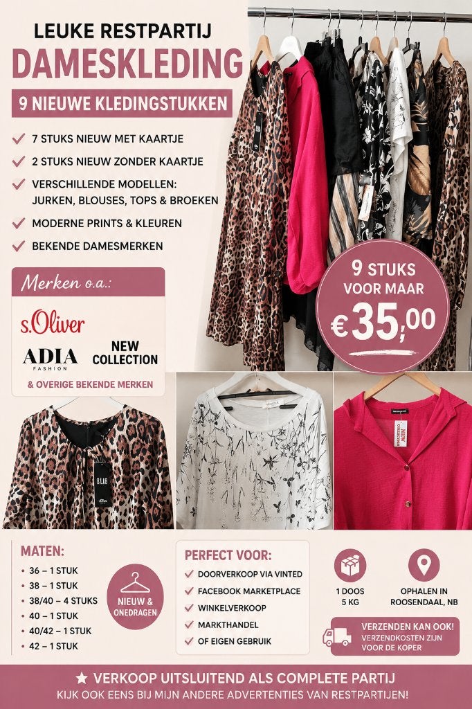 Partij Dameskleding 9 stuks , Nieuw, Maten 38/40/42, Kleding | Dames, Dames-kledingpakketten, Ophalen of Verzenden, Nieuw, Maat 38/40 (M)