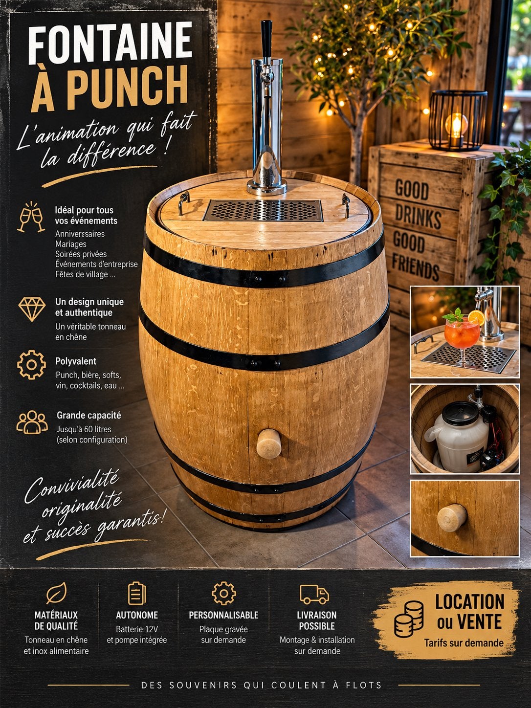 Location/vente fontaine punch, coktails,.., Enlèvement, Comme neuf, Bois