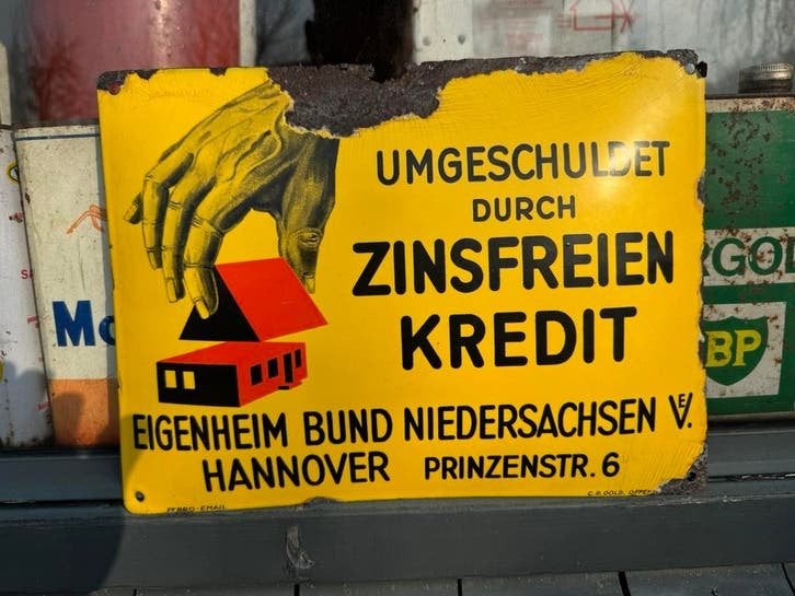 Vintage Emaille Reclamebord: Zinsfreien Kredit Hannover, Antiek en Kunst