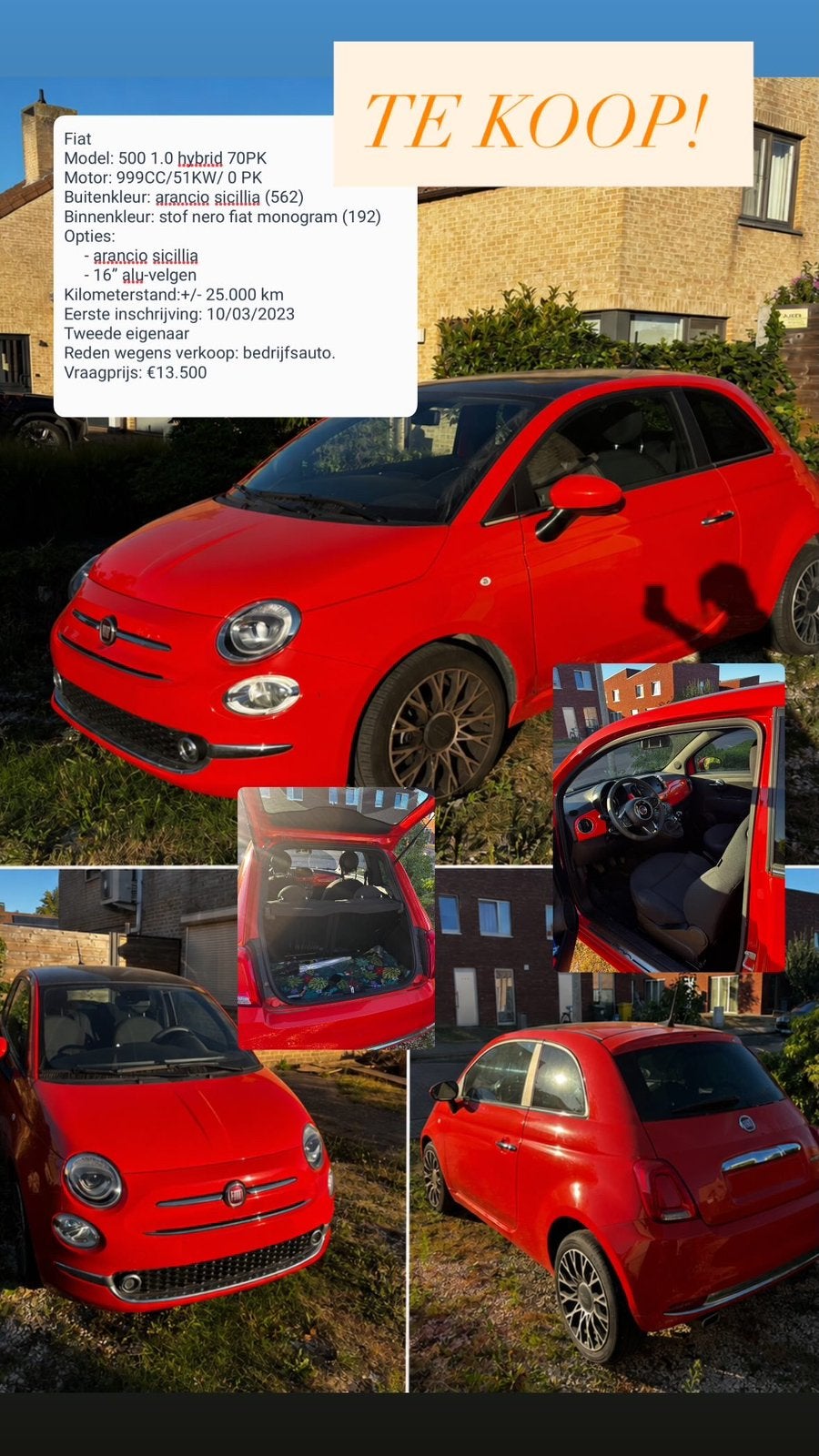 Fiat 500 te koop, Autos, Achat, Boîte manuelle, Autres couleurs, 5 places