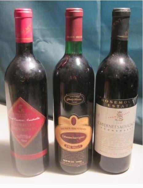 3 Rode Australische Wijnen van 1990 en 1991, Verzamelen, Wijnen, Overige gebieden, Ophalen of Verzenden, Zo goed als nieuw, Rode wijn