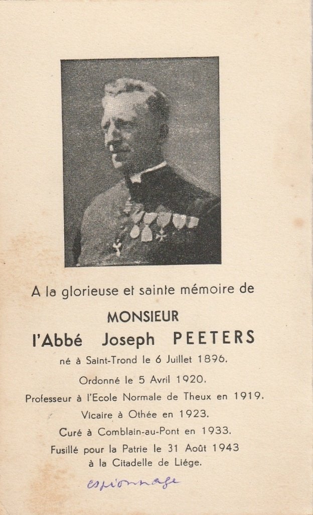 Oorlog 1940-45 doodgeschoten Citadelle Luik  Joseph Peeters, Verzamelen, Ophalen of Verzenden