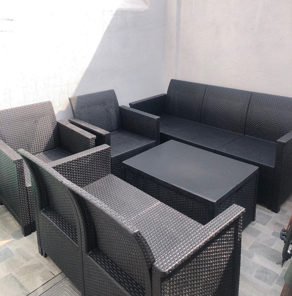 Loungeset, Tuin en Terras, Tuinsets en Loungesets, Zo goed als nieuw, Loungeset, Kunststof, 7 zitplaatsen, Bank, Bijzettafel, Eettafel