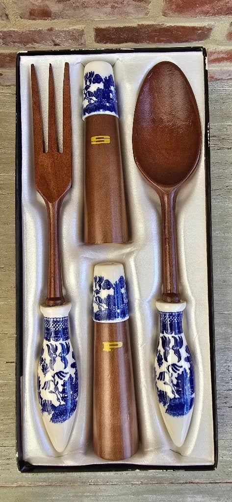 Vintage materia saladeset - teak blue willow salad set, Antiquités & Art, Enlèvement