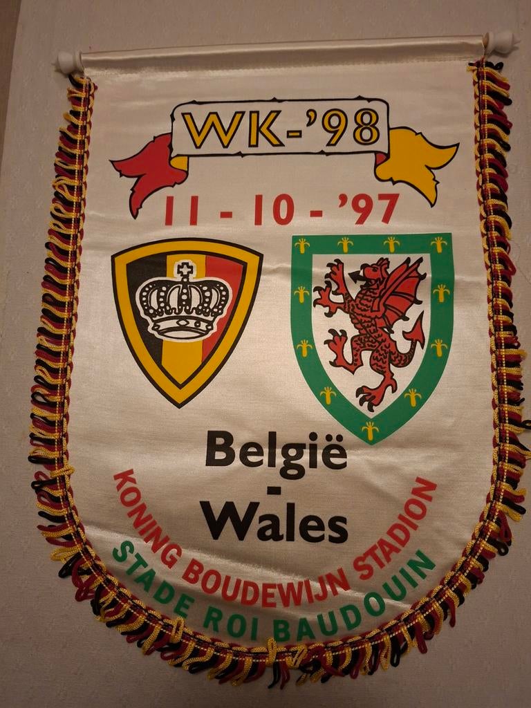 Wimpel wk98 Belgie - Wales, Verzamelen, Ophalen of Verzenden