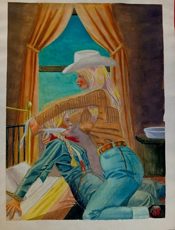 Les Cow girls. Scène de Western. BD. Dessin en couleurs .