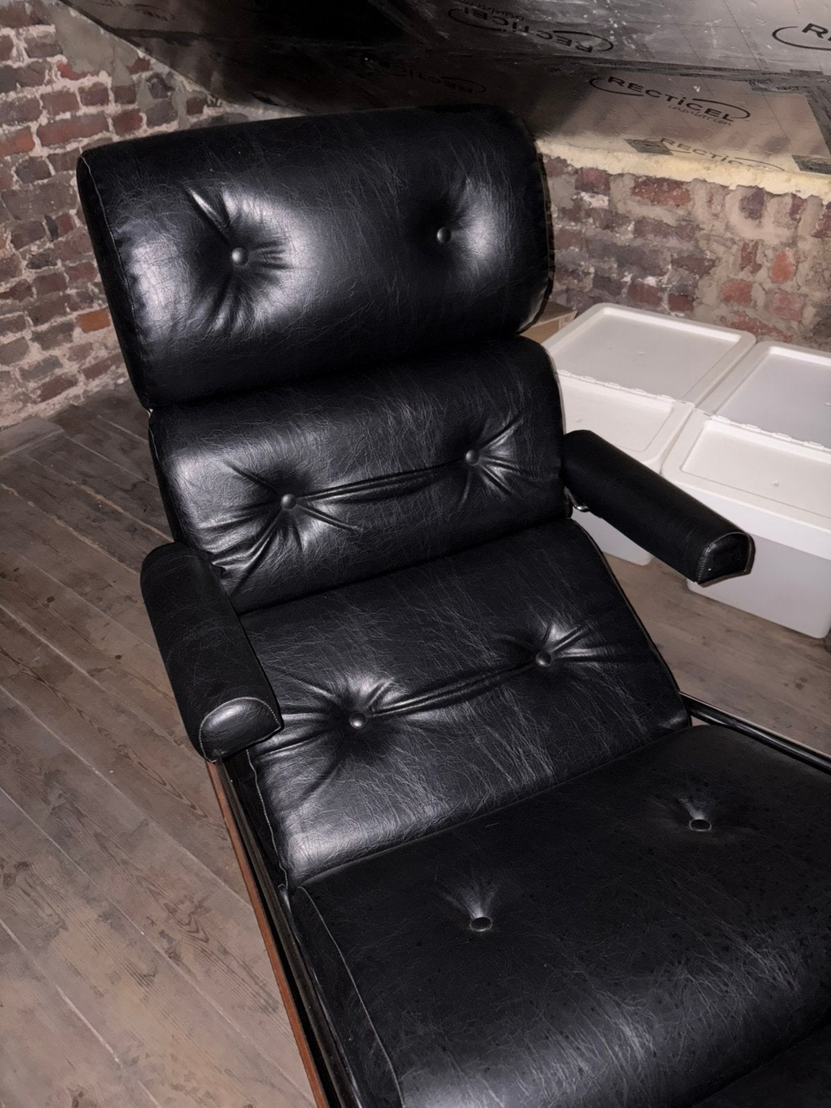 Fauteuil relax Lama en cuir noir, vintage, Maison & Meubles, Enlèvement, Comme neuf, Bois