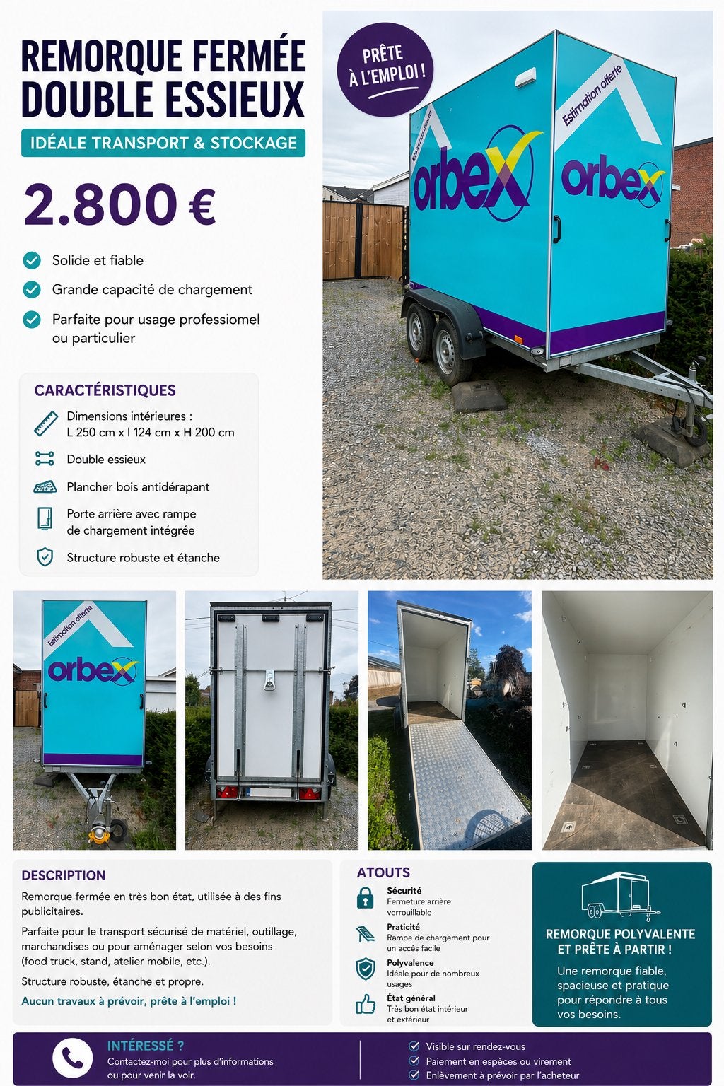 Remorque fermée grande capacité double essieux, Autos : Divers, Enlèvement, Utilisé