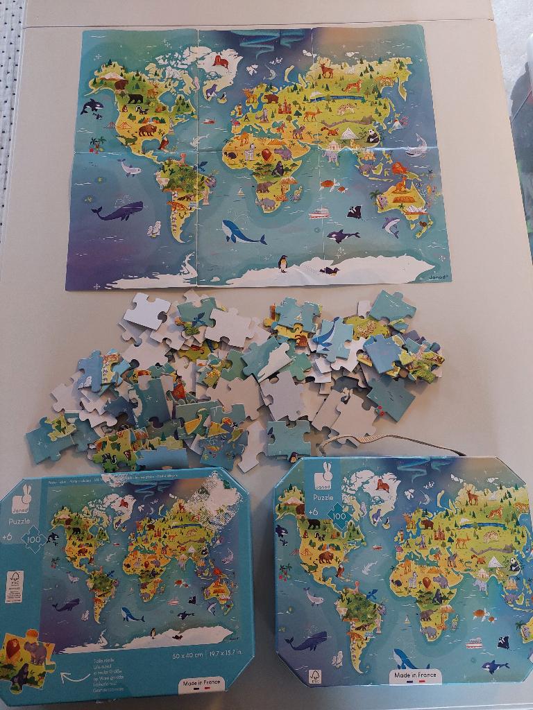 Puzzle 100 pièces carte du monde & animaux JANOD (6 ans), Enlèvement, Plus de 50 pièces, Comme neuf, 6 ans ou plus