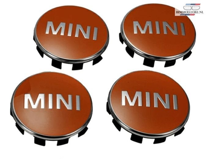 Mini naaf embleem logo set velg 56mm bright orange nieuw 361, -, Origine de la pièce connue, -, -