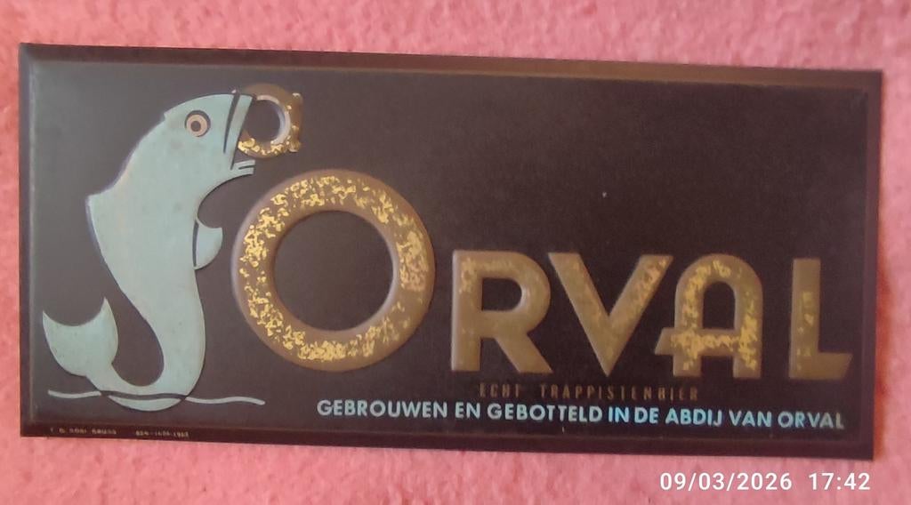 Plaque publicitaire trappiste ORVAL 1962 ., Collections, Marques de bière, Enlèvement ou Envoi, Utilisé, Panneau, Plaque ou Plaquette publicitaire