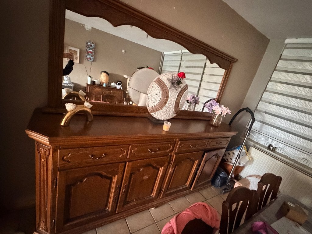 BAHU//Antiek dressoir met spiegel, Ophalen, Met lade(s), 100 tot 150 cm, Eikenhout