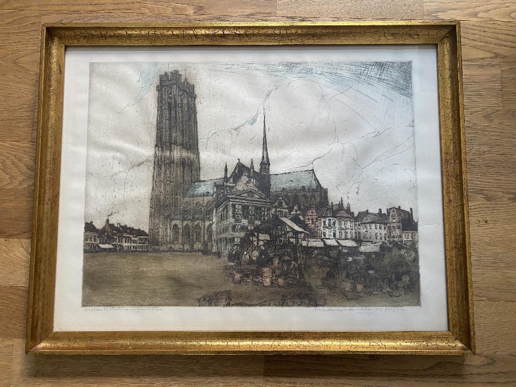 Originele gravure Mechelen — Hoofdplein en kathedraal, Antiek en Kunst, Ophalen, Ets