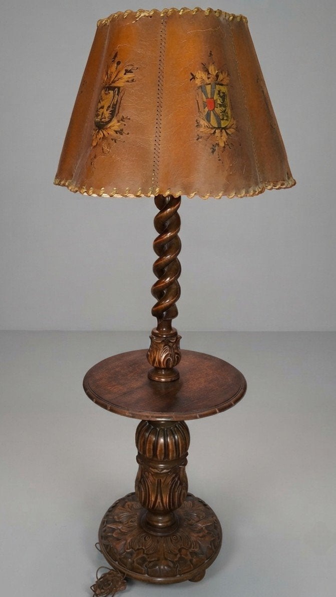 Unieke Antieke Houten Vloerlamp met Handbeschilderde Kap, Ophalen