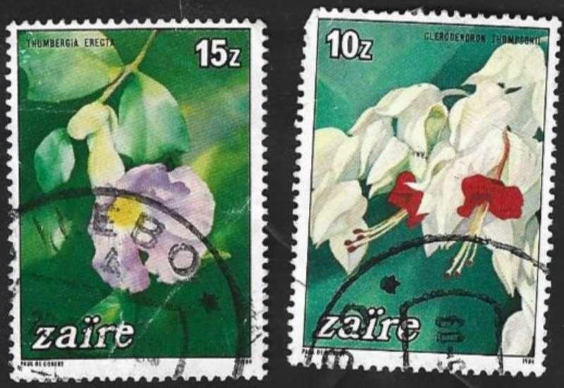 2 Postzegels Bloemen Zaïre 1984, Ophalen of Verzenden, Gestempeld, Dier of Natuur