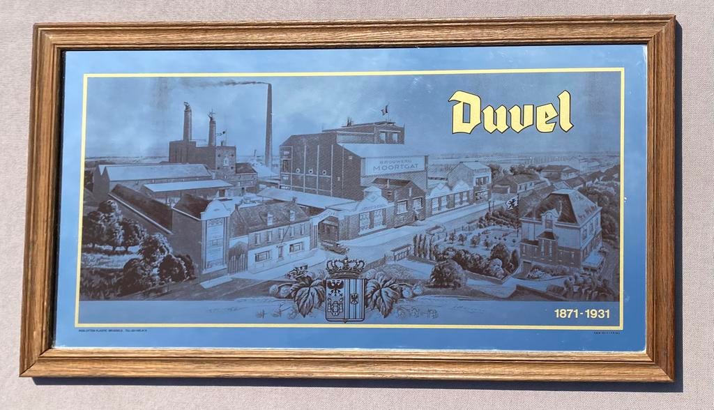 1983 Oude café spiegel DUVEL brouwerij MOORTGAT te BREENDONK, Verzamelen, Ophalen of Verzenden, Zo goed als nieuw, Reclamebord, Plaat of Schild