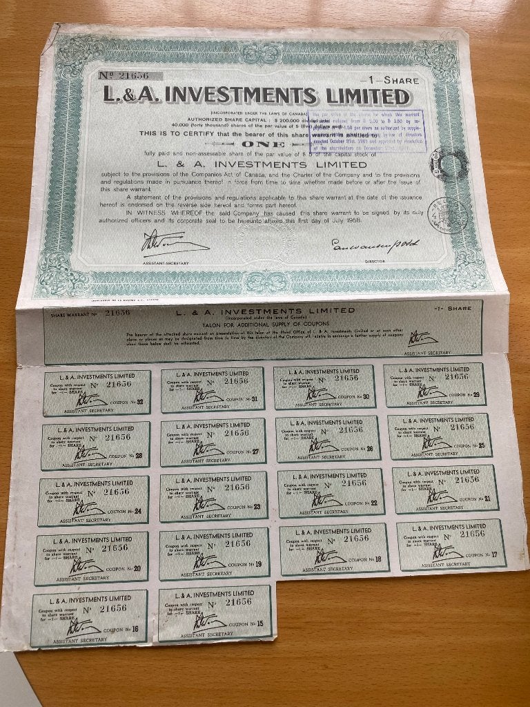 oud aandeel L&A investments ltd, Postzegels en Munten, Ophalen of Verzenden, 1950 tot 1970, Aandeel