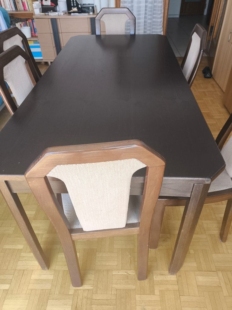 Eettafel + 6 stoelen, Ophalen, Gebruikt, Eikenhout, 50 tot 100 cm