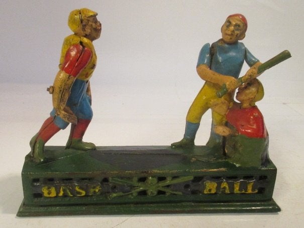 vintage gietijzeren mechanische spaarpot baseball spelers, Verzenden