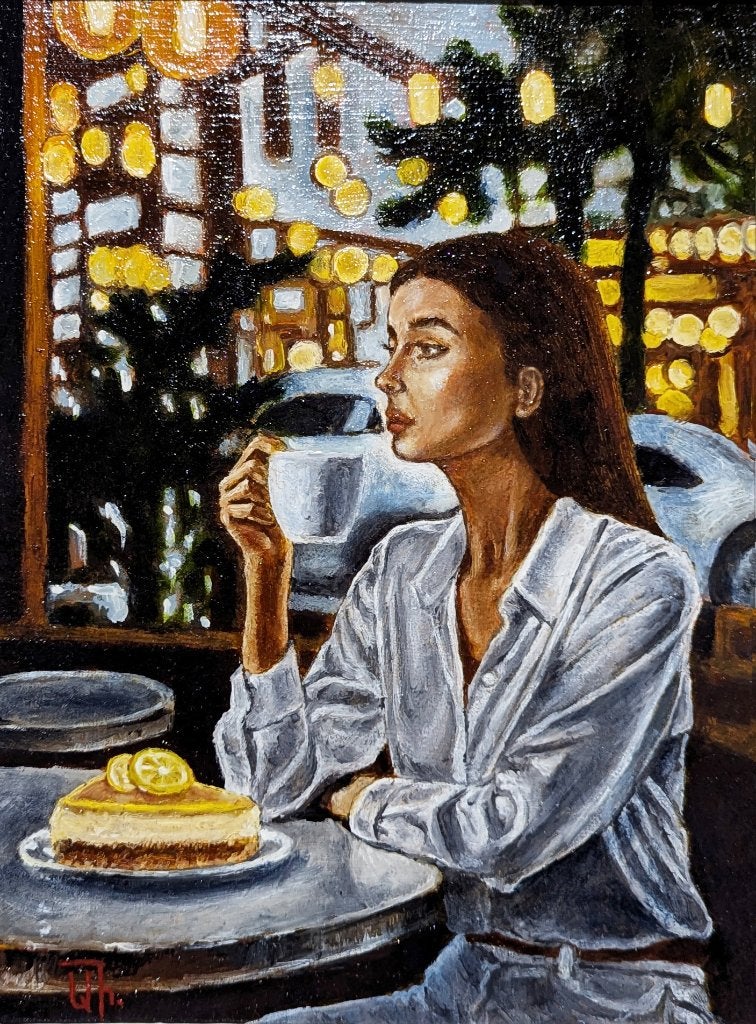 "Avondkoffie" Schilderij, Antiek en Kunst, Gesigneerd, Verzenden, Olieverf, Portret