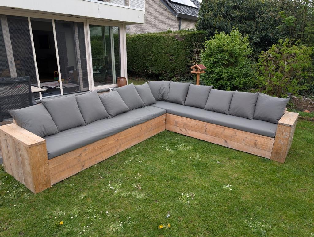 Loungeset steigerhout 3x3.5m + salontafel + kussen, Tuin en Terras, Ophalen