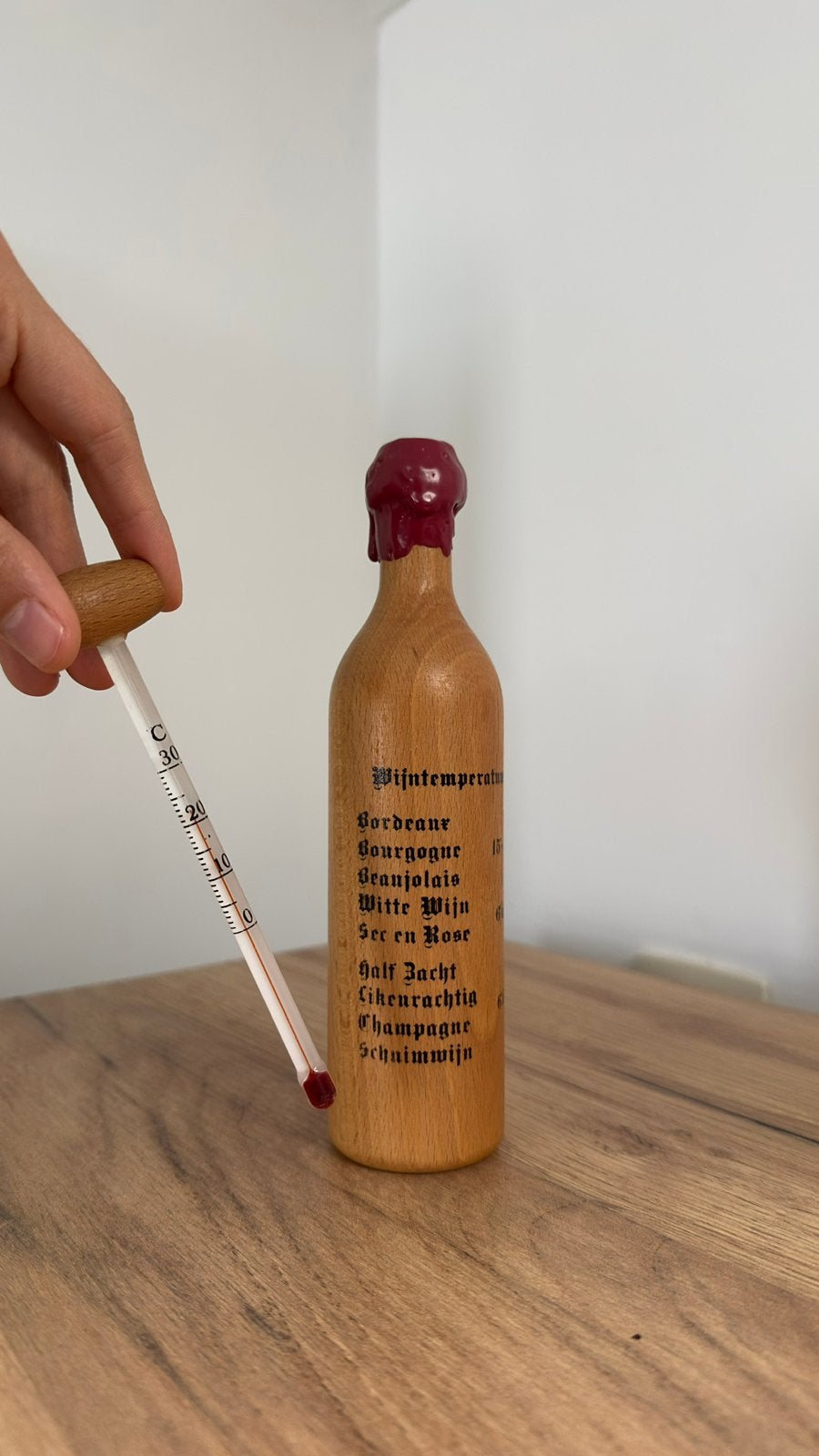 Vintage houten wijnthermometer, Verzamelen, Ophalen of Verzenden, Zo goed als nieuw, Champagne