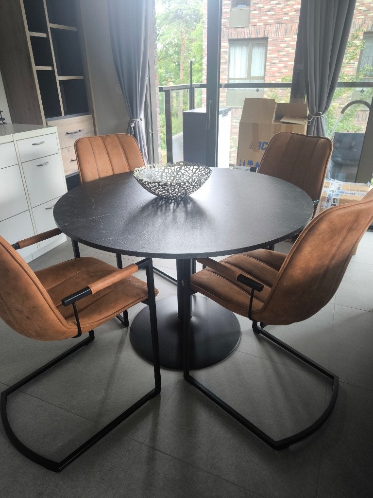 Tafel met 4 stoelen , nieuwstaat, Ophalen, 100 tot 150 cm, Rond, Zo goed als nieuw