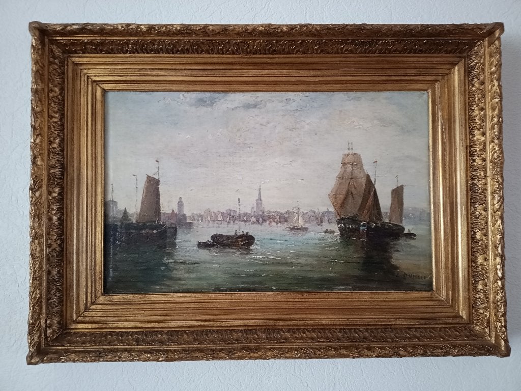 Antiek olieverfschilderij haventafereel, vergulde lijst, Antiek en Kunst, Ophalen