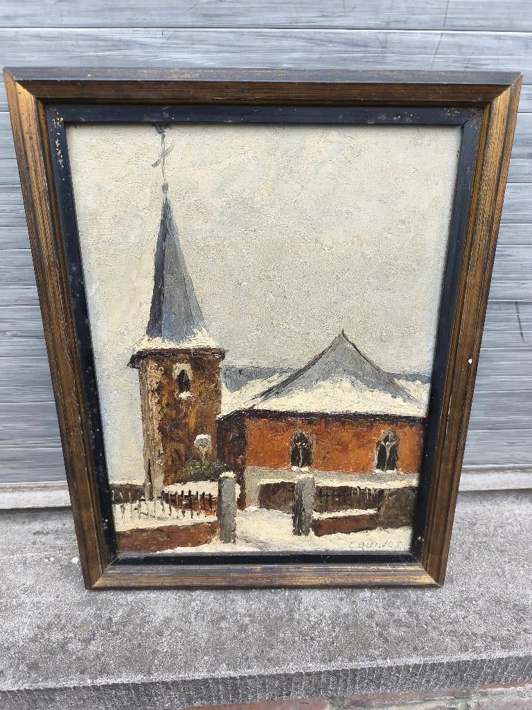 Huile sur panneau église de franiere signe e quinet, Ophalen of Verzenden