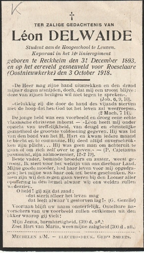Gesneuvelde 1914-1918 Léon Delwaide Reckheim - Roeselare, Collections, Images pieuses & Faire-part, Envoi