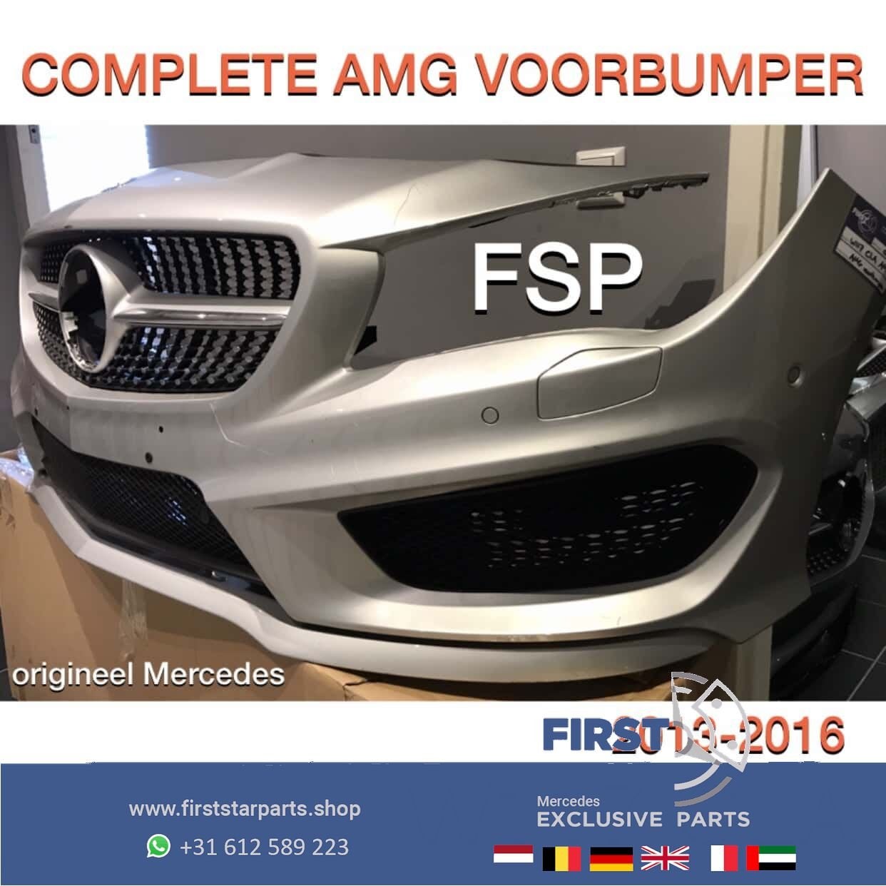 W117 CLA 45 AMG VOORBUMPER COMPLEET + DIAMANT GRIL ZILVERGRI, Gebruikt, -, Voor, Ophalen of Verzenden