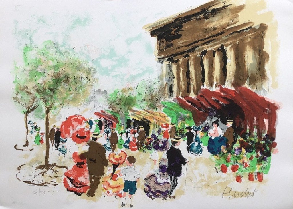 Lithografie "Le marché aux fleurs" van Urbain Huchet, Overige onderwerpen, Ophalen of Verzenden, Lithografie, Gelimiteerde oplage