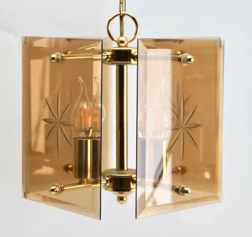 Vintage kubus plafondlamp met gebronsde glazen panelen, Ophalen