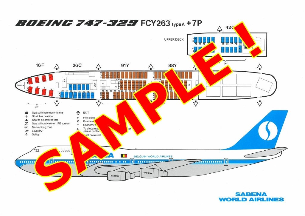 Affiche Sabena Plan sièges avion Boeing B747-329 FCY263 A+7P, Collections, Souvenirs Sabena, Enlèvement ou Envoi, Neuf